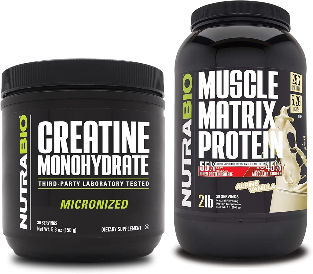 NutraBio Creatina Monohidrat, Nearomate, (150 g) și Muşchi Matrix Pulbere de proteine, (Vanilla) Supliment Bundle 