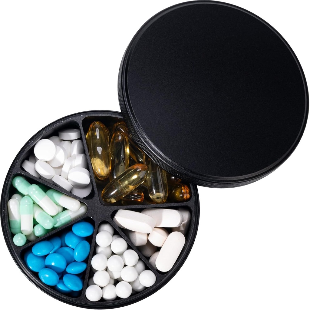 Organizator pilula cu 6 Compartimente - Heavy Duty Metal Daily Pilula Case, Marii Pastile Container Detinator, Waterproof Medicamente Dispenser Pilula pentru Vitamina Supliment Medicina Ulei de pește, 0.38lb, Negru