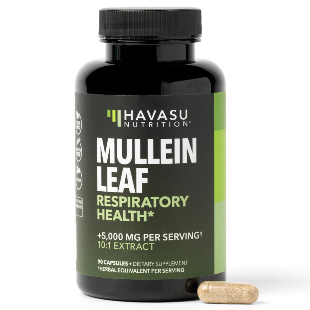 Capsule cu frunze de Mullein pentru sanatate respiratorie - 5000 mg Extract 10:1 pentru suport pulmonar si functie imuna - 90 Conte - Capsule Vegane, non-GMO - Supliment vegetal pentru wellness zilnic - 3 luni de aprovizionare