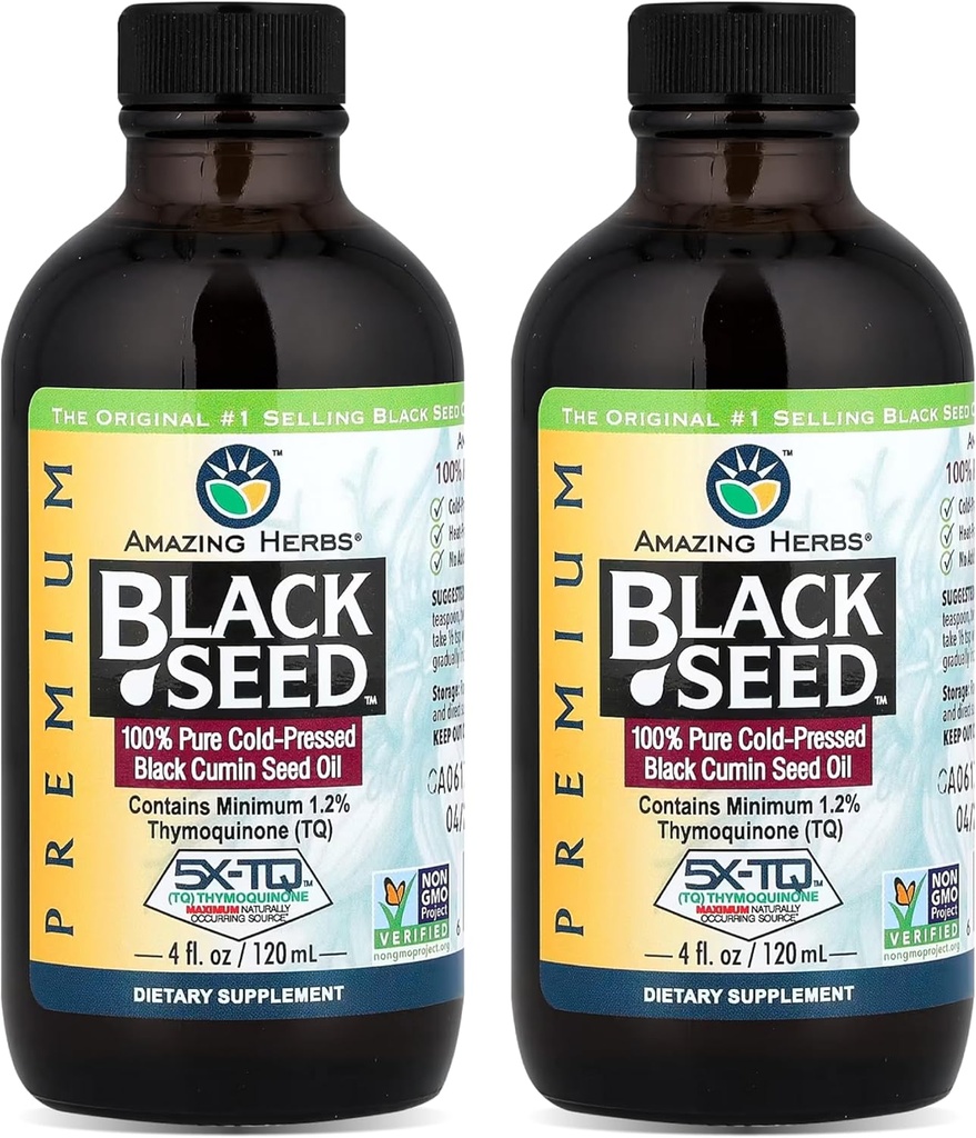 Amazing Herbs Premium Black Seed Oil - Gluten Free, Non OMG, Cold presat Nigella Sativa SIDA în Digestive Health, Immune Support, Brain Function, Mobilitate Comună - 4 Fl Oz (Pachet de 2)