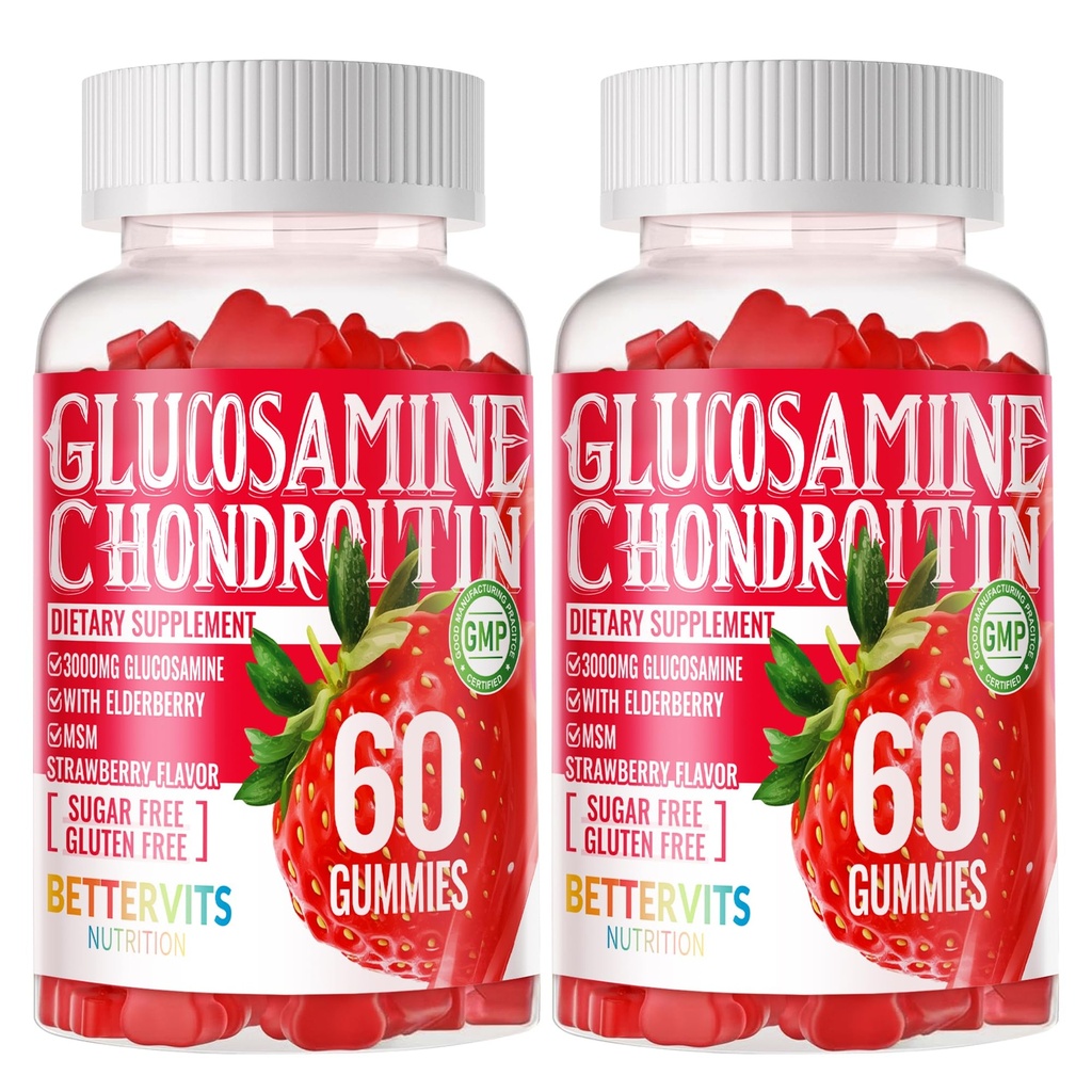 Glucosamină Chondroitin Gummies cu MSM & Elderberry Extra Putere - Suport comun, Suport Immun antioxidant pentru adulți, Bărbați și femei. 120 gume de căpșuni