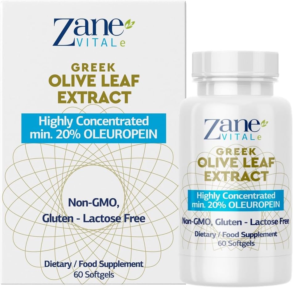 Zane Greek Olive Leaf Extract - min. 20% Oleuropein - Oferă suport imunitar şi sănătos de tensiune arterială, promovează sistemul cardiovascular de sănătate - 60 capsule non-GMO, Gluten - 