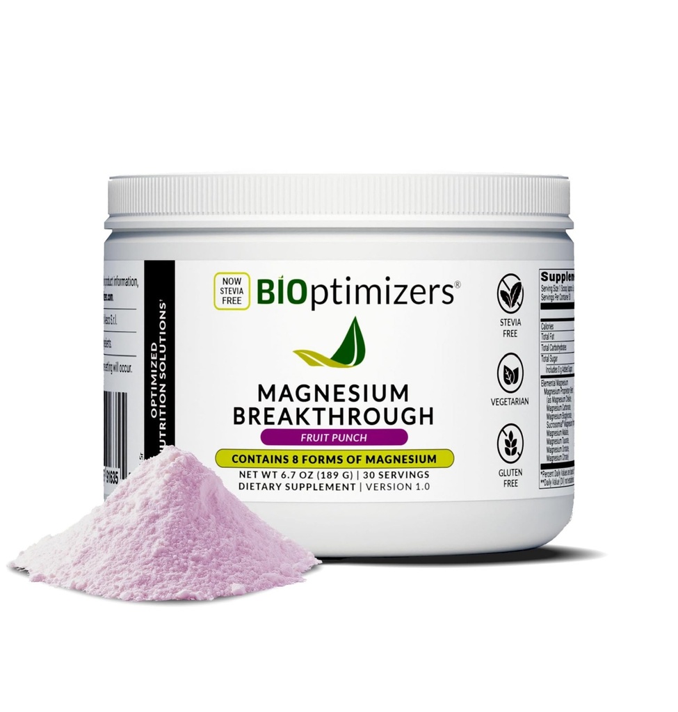 BIOptimizeaza Magneziu Breakthrough Drink - 8 Forme de magneziu, Electroliti, Sleep Health, Stres, Recuperare musculara, Suport cardiac Glycinate, Citrate, Malate - Punch de fructe
