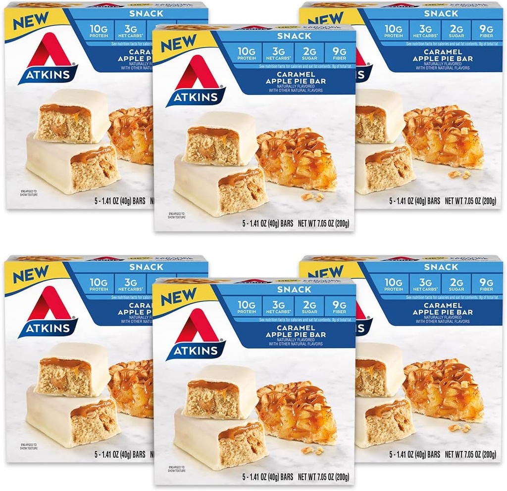 Atkins Snack Bar, Caramel Apple Pie, Firest Flavored, Good Source of Proteine and Fiber, Low Carb, Low Sugar (30 Bars)
