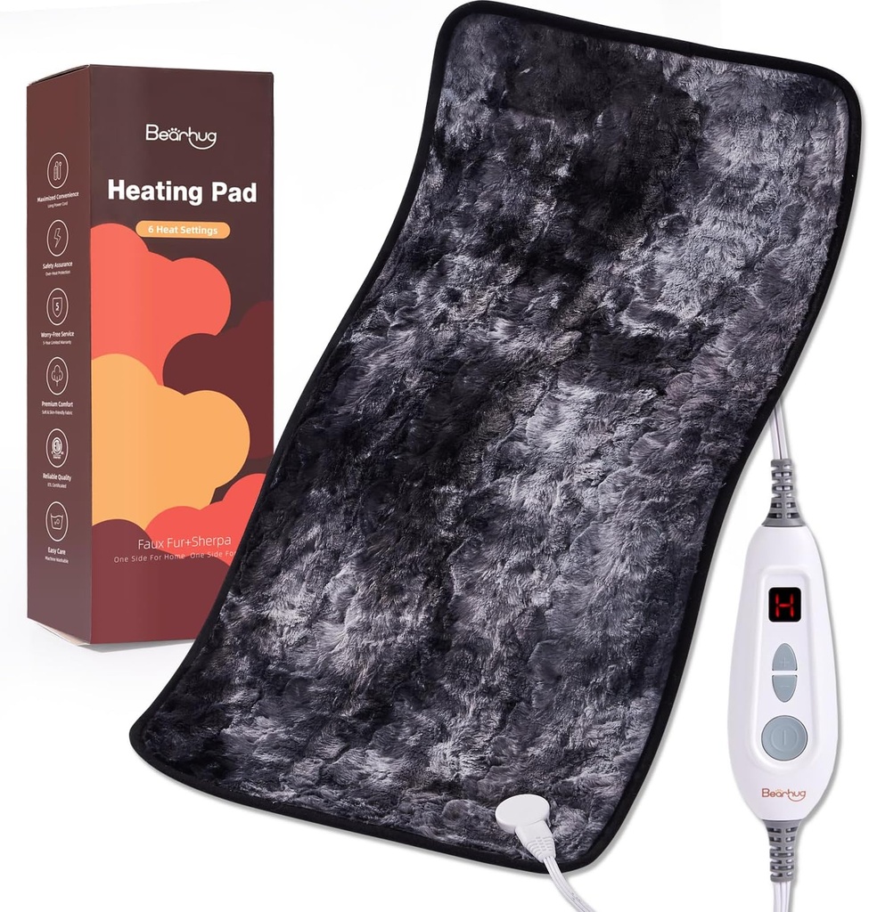 Bearhug XXL Electric Heated Pad 17'x33' Double-Sided Fur Heating Pad, 6 Nivele de căldură, 2-Hour Auto-Off, Umezeală și Terapia de căldură uscată pentru Relief Back Pain, Masina de spălat, ETL Certified - Cadou cutie