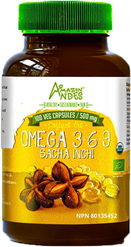 Amazon Andes Sacha Inchi Oil Capsules - Sursa de omegas 3, 6 și 9 - Sursa mai sănătoasă de acizi grași esențiali - Vegan, non-GMO, Allergen-free & Gluten Free - 100 Softgel Pills (500mg) - Made in Peru