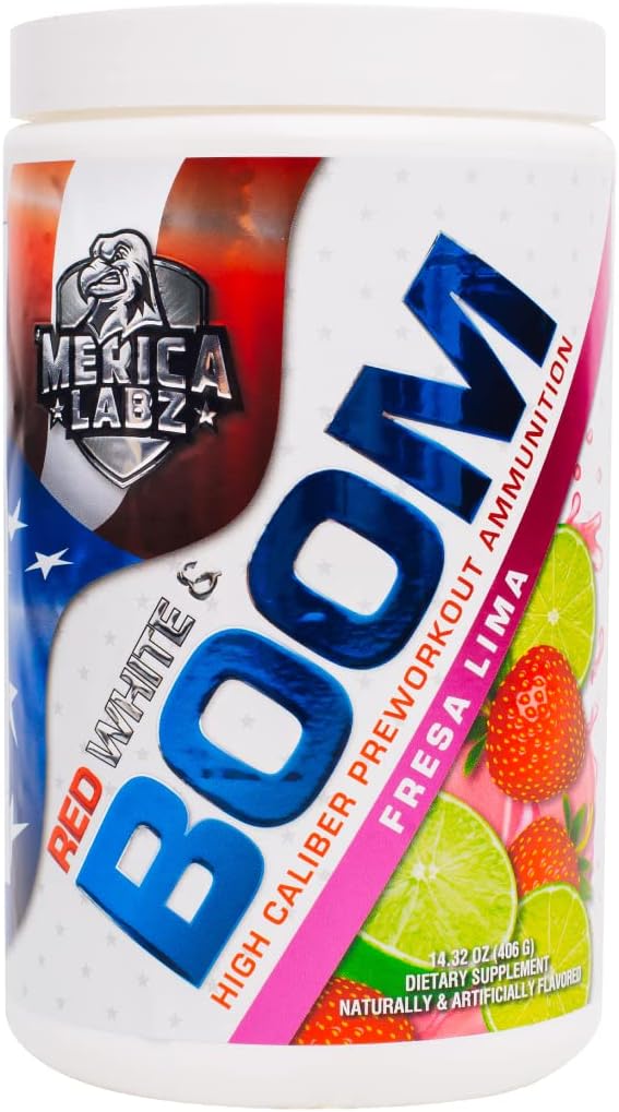 'Merica Labz Red, White, and Boom, High Caliber Pre Workout with VasoDrive-AP®, 350mg Caffeine, Max Energy, Pump and Focus, Cresterea fluxului sanguin si a volumului muscular, 20 Serviri (Fresa Lima)