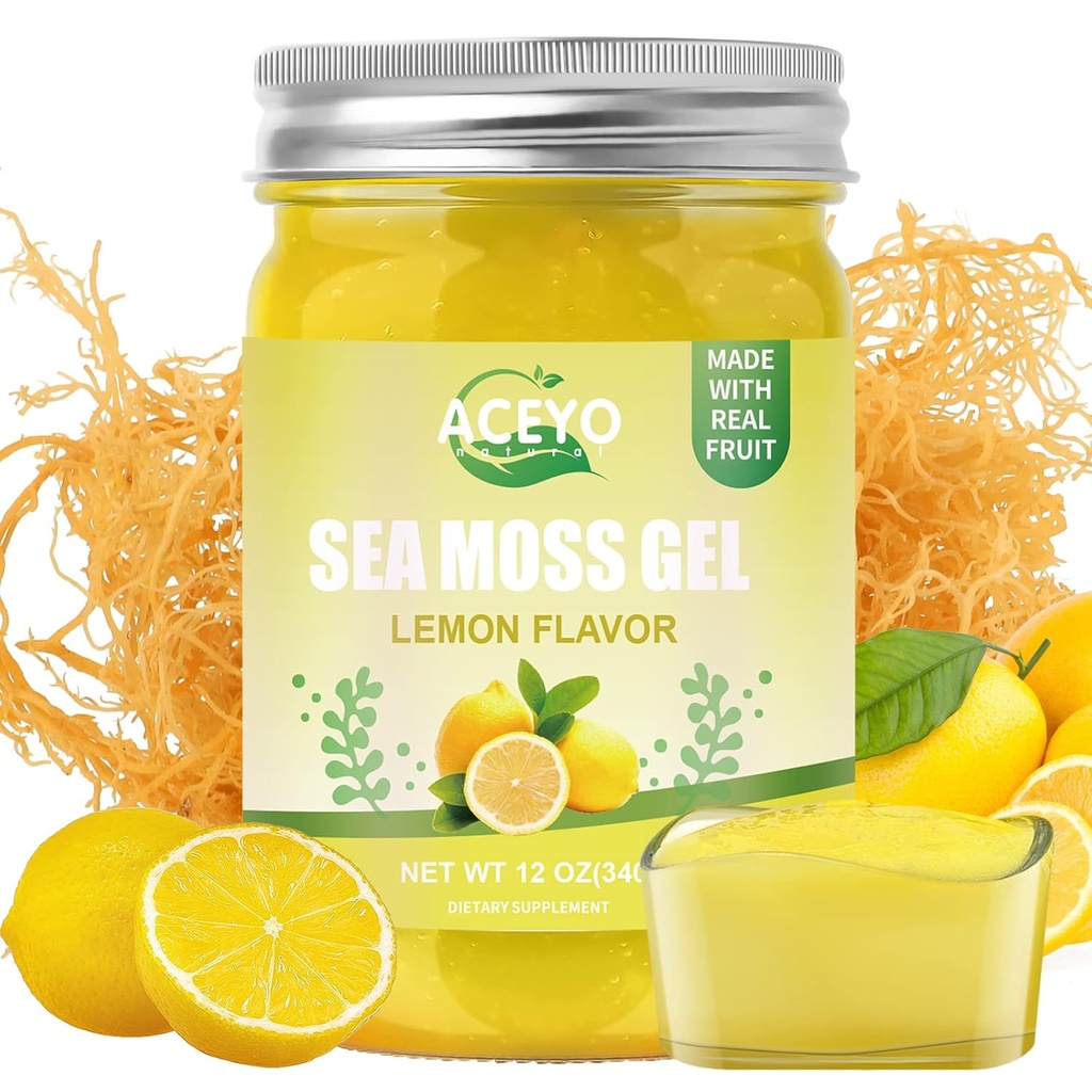 ACEYO (12 OZ) Irish Sea Moss Gel Organic Raw Lemon Flavor 102 Vitamine si Minerale Wild Harvested non-GMO Immune Defense Booster tiroida suport digestiv