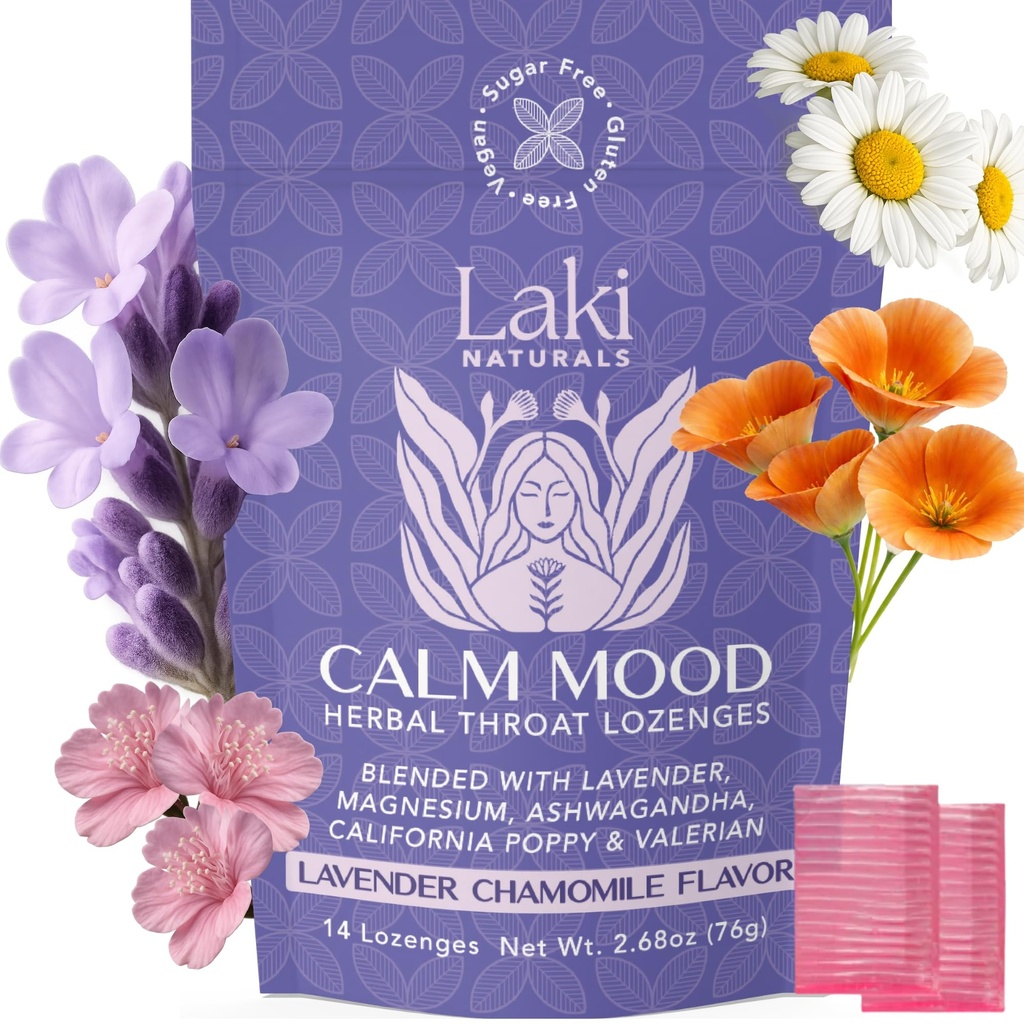 Laki Naturals Lavender Chamomile calm Mood Functional Herbal Lozenges (14ct) Throat & Calming Hard Candies with Magneziu, Ashwagandha, California Poppy & Valerian. Vegan, Sugar Free, Gluten Free