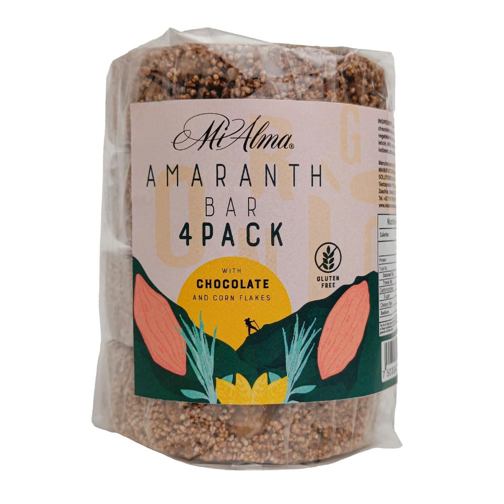 Mi Alma, 4 BAR PACK Amaranth Bar cu ciocolată și fulgi de porumb PREMIUM, Barra de Amaranto con Chocolate, Super Food, Gluten Free, Sanatos Snack, 8.4 oz