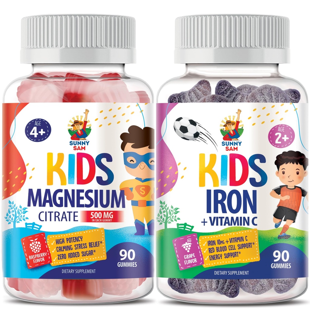 SUNNY SAM Gumies de fier pentru copii si gume de magneziu pentru copii si adulti - 500 mg - Chews de magneziu calm - Citrate de magneziu supliment mestecabil pentru sustinerea emotiilor si muschilor