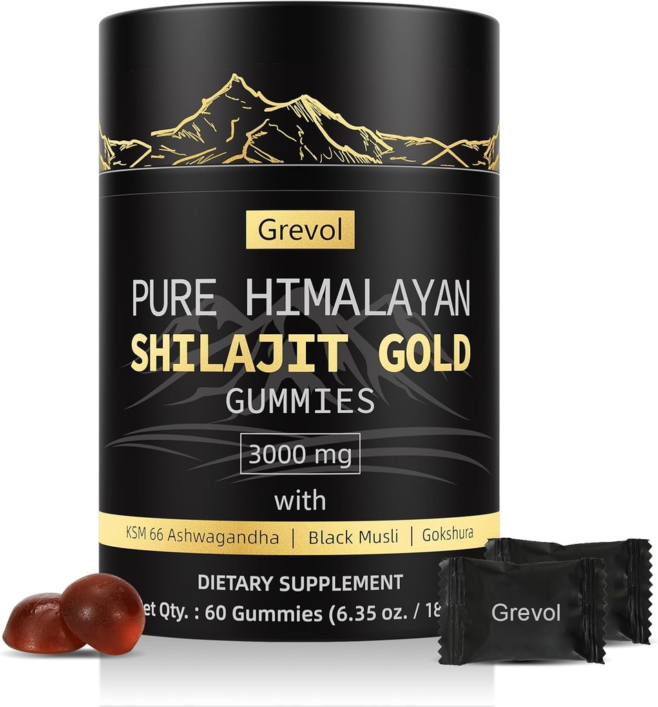 Himalayan Shilajit Gummies: Gold Grade Shilajit Riched with Ashwagandha Acid fulvic & 85+ Trace Minerale - No Added Sugar - Individual Wraped - for Men & Women - 60 Gummy