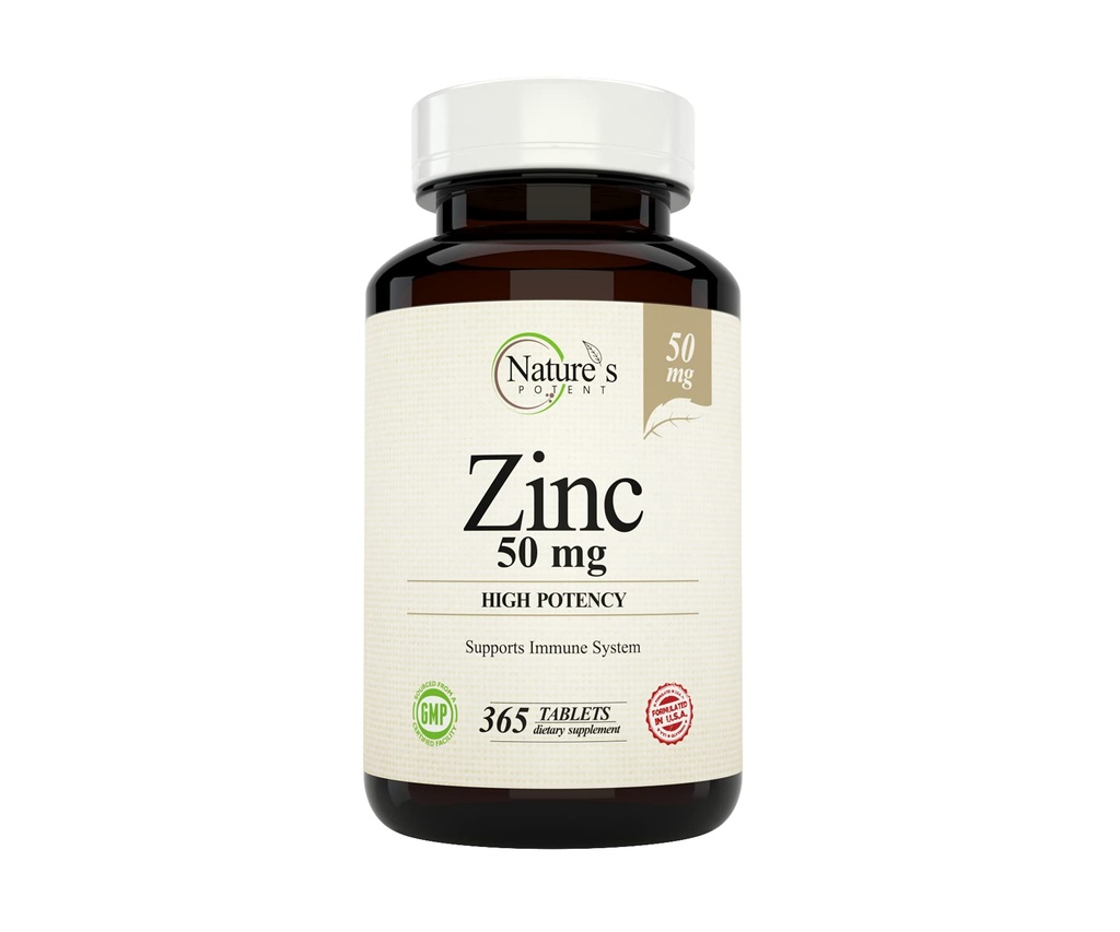 Zinc potent al naturii 50 mg, Suplimentul de sprijin imun - Potență ridicată pentru sănătatea imună maximă și antioxidantă - Produs în SUA din oxid natural de zinc - 365 comprimate (1 an de aprovizionare)