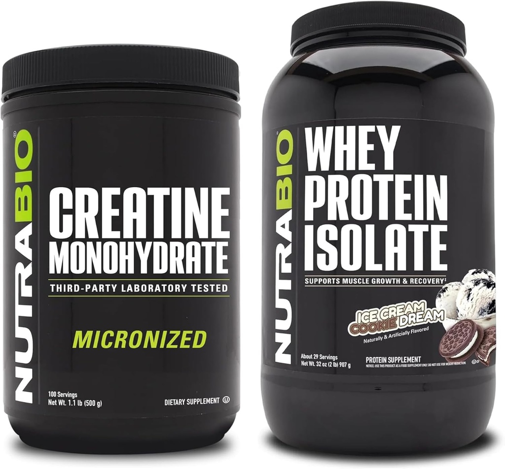 NutraBio Creatina Monohidrat, Nearomate, 500g și Whey Proteine Izolate, Inghetata Cream Cookie Dream, Supliment Bundle - Energie musculară, Lean musculare de creștere, recuperare, și puterea