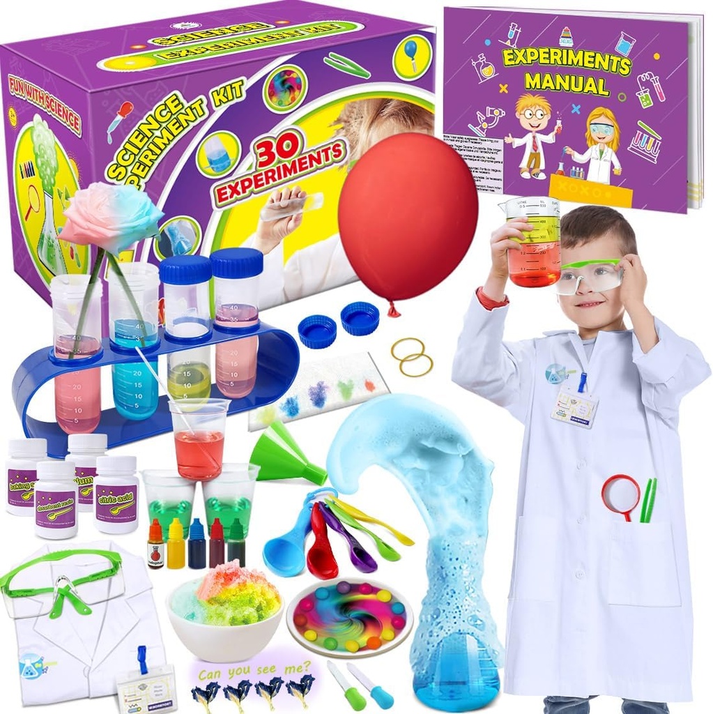 UNGLINGA 30 Experiments Science Kit pentru copii cu Lab Coat, Chimie Set STEM Jucarii Cadouri de ziua pentru baieti Fete, oameni de stiinta Costum Rol Joaca Instrumente educative Set de învățare