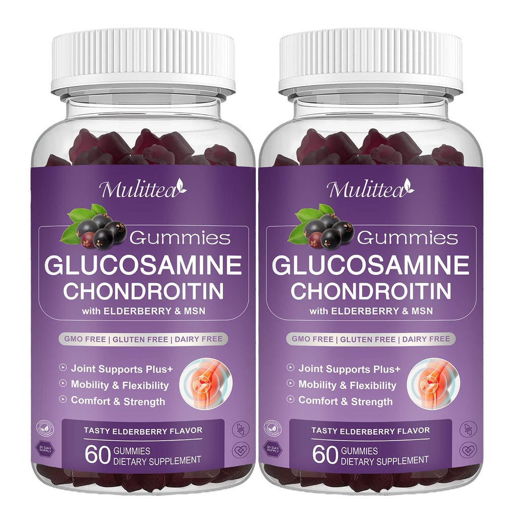 Mulittea Glucosamine Chondroitin Gumies - supliment de sprijin comun cu MSM & Elderberry pentru comun natural, suport imun antioxidant pentru adulți, bărbați și femei-(2 ambalaj)