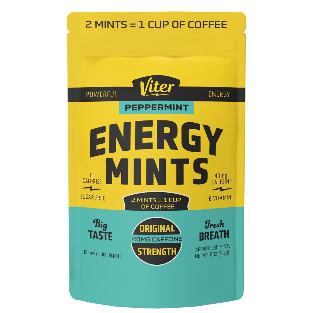 Viter Energy Cafeinate Mints 40mg Cafeina, B Vitamine, Sugar Free. (Peppermint, 8oz, Bulk Bag)