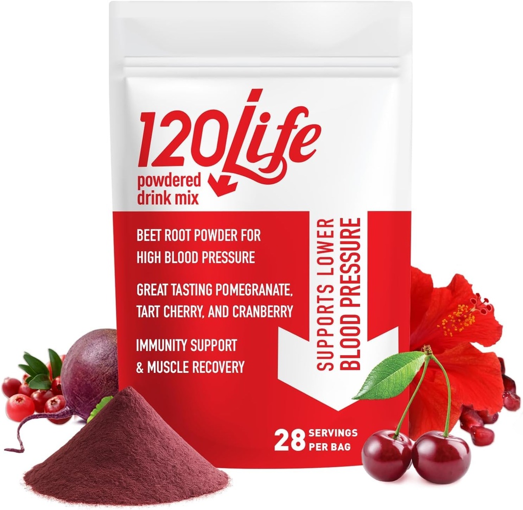 120LIFE suport de presiune sanguina, Natural Sfeclă Root pulbere Băutură Mix cu pudră de rodie, Supliment de merişoare, Tart Cherry, Hibiscus, şi magneziu (28 Servings) - Gluten-Free, Vegan