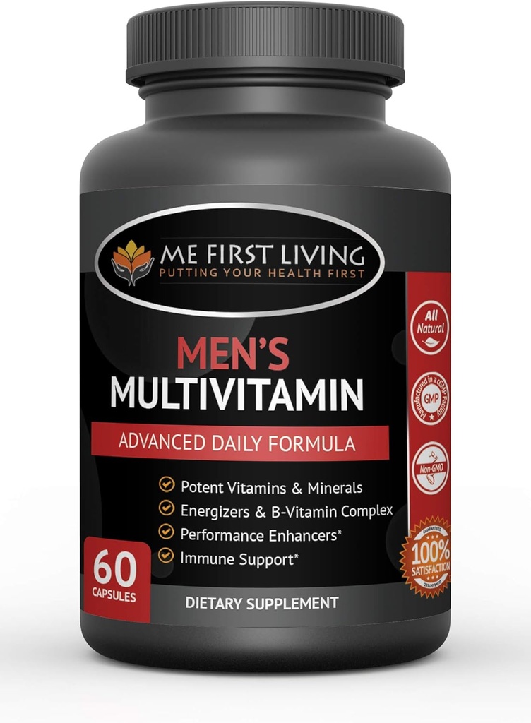 Me First Living Men's Daily Multivitamine/Multimineral with Vitamins A, C, E, D, B1, B2, B3, B5, B6, B12, Magneziu, Biotin, Spirulina, Zinc și More - 60 Multivitamine