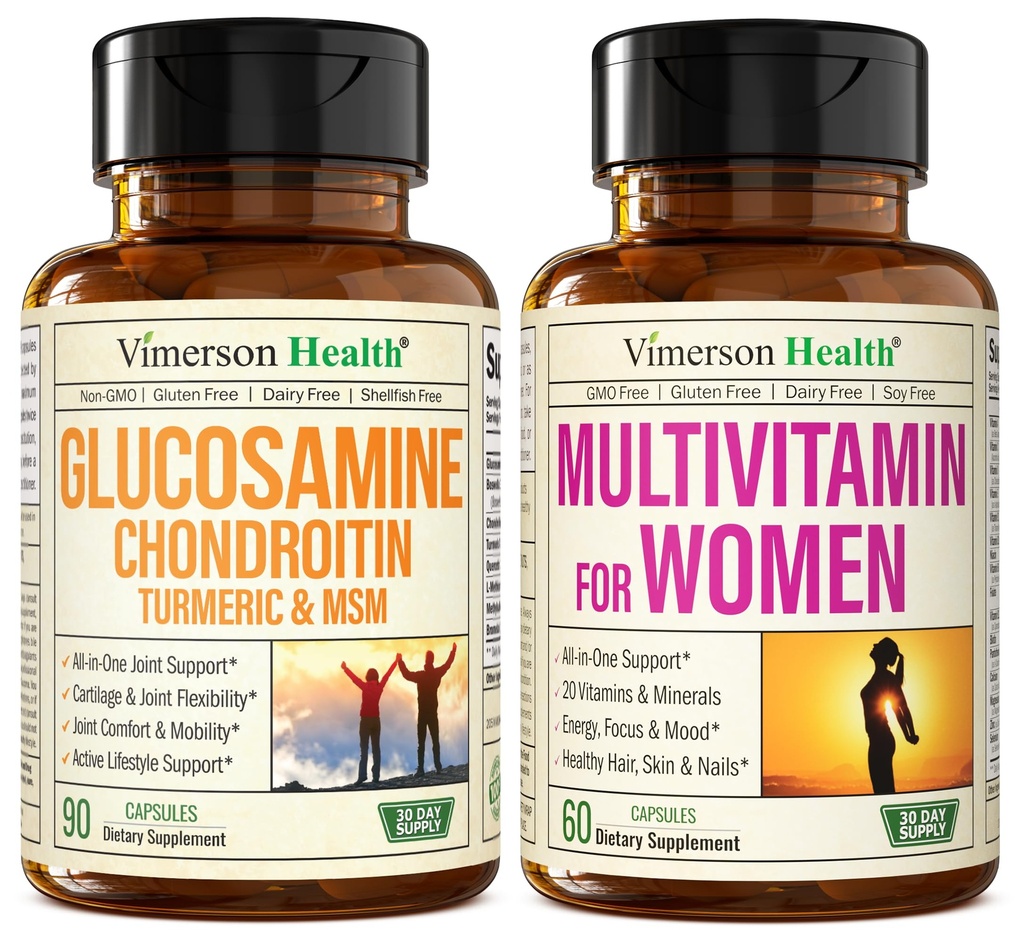 Glucosamină Chondroitin Turmeric + Multivitamine pentru femei 2 flacon supliment Bundle pentru ea. Răspuns imun sănătos, suport comun, proprietăţi antioxidante