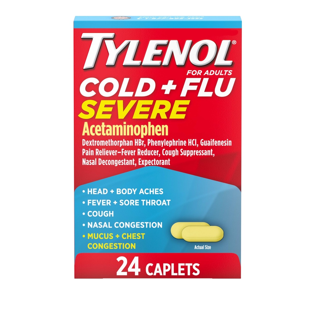 Tylenol Rece + Flu Sever Medicine Caplets for Fever, Pain, Tuse & Congestia, 24 ct.