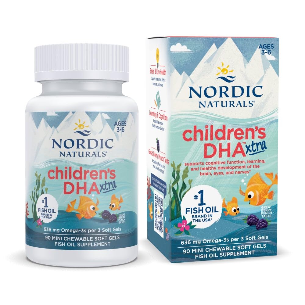 Nordic Naturals Childrens DHA Xtra, Berry Punch - 90 Mini geluri moi masticabile pentru copii - 636 mg Omega-3s EPA & DHA - Cognitive & Immune Function, Learning, Social Development - Non-GMO - 30 Servings