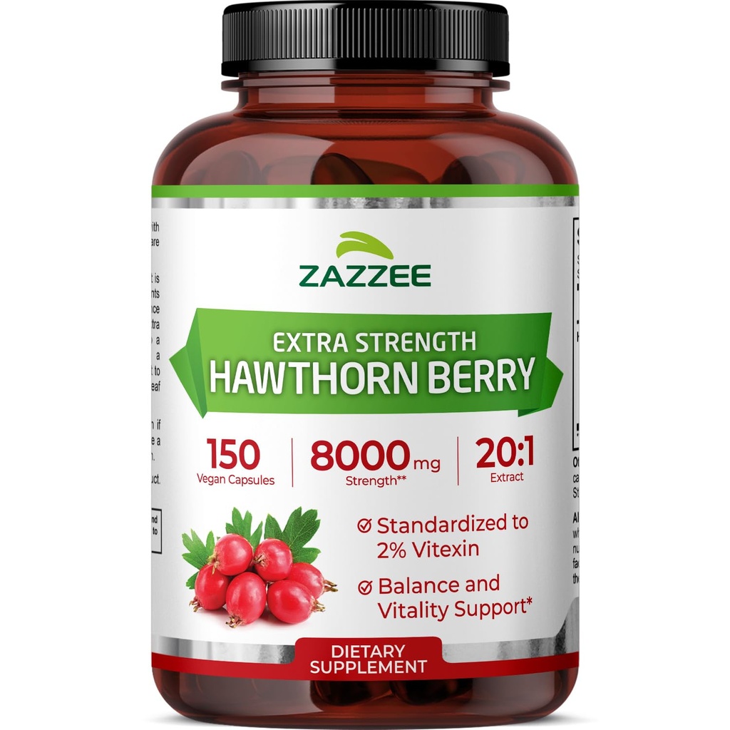 Zazzee Extra Force Hawthorn Berry 20:1 Extract, 8000 mg Putere, 2% Vitexin, 150 Capsule Vegane, 5 Luna Aprovizionare, Concentrat şi Standardizat Potent 20X Extract, non-GMO şi All-Natural