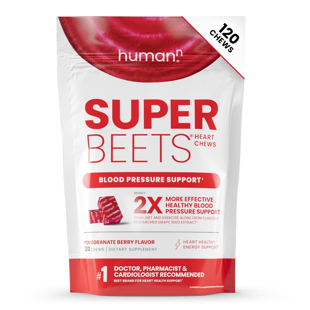 HumanN SuperBeet Chews Heart, oxid de azot și suport de presiune a sângelui, extract de semințe de struguri și non-GMO Root Powder Energy, rodie Berry Flavor, 120 Conte