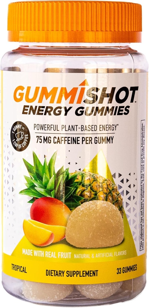 GummiShot Energy Gummies, 2475 mg de plante-based Cafeina Chews pe sticla, Boostere de energie de lungă durată, Tropicale (33ct)