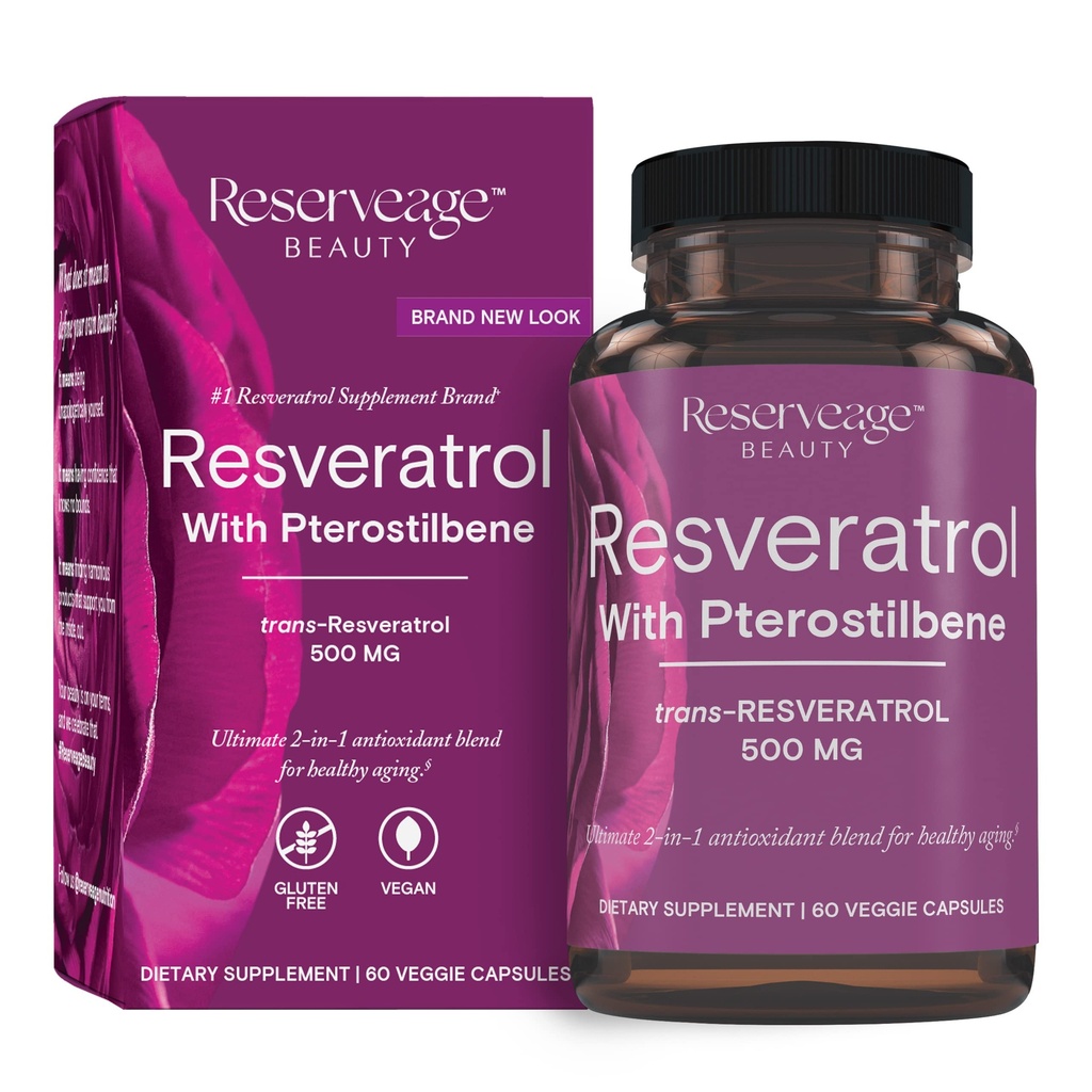 Reservage Beauty, Resveratrol 500 mg cu Pterostilbene, Antioxidant Supliment pentru Suport Immun si Heart Health, Sustine imbatranire sanatoasa, Paleo, Keto, 60 capsule (60 Servings)