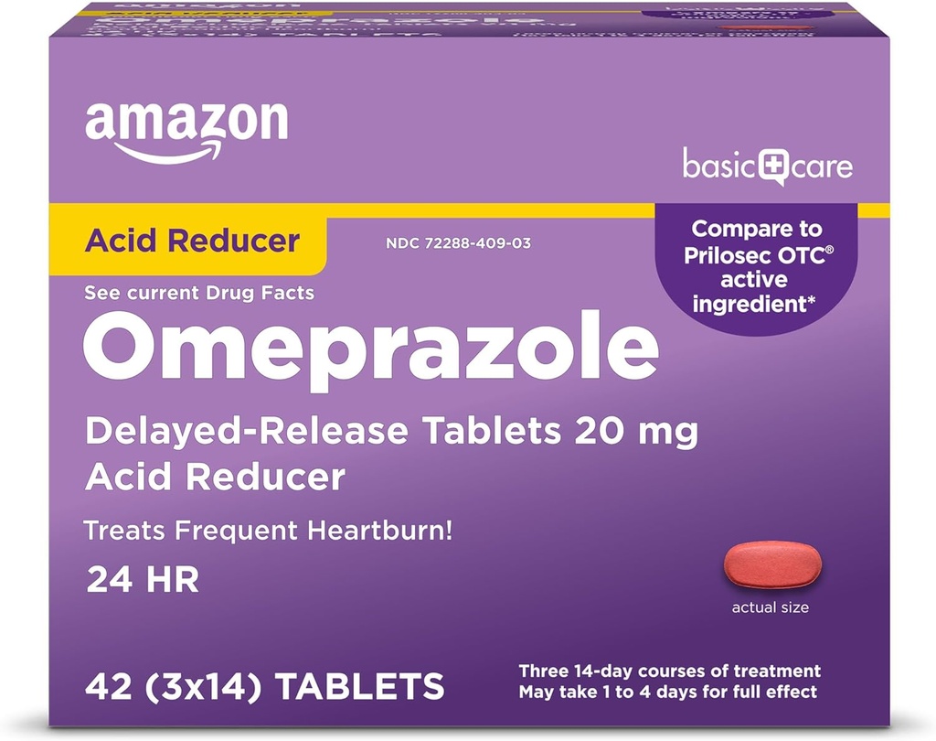 Amazon de îngrijire de bază Omeprazole comprimate cu eliberare întârziată 20 mg, tratează frecvent arsuri la stomac, Reductor de acid, Arsuri la stomac medicament, 42 Număr (Pachet de 1) (Pachetul poate varia)