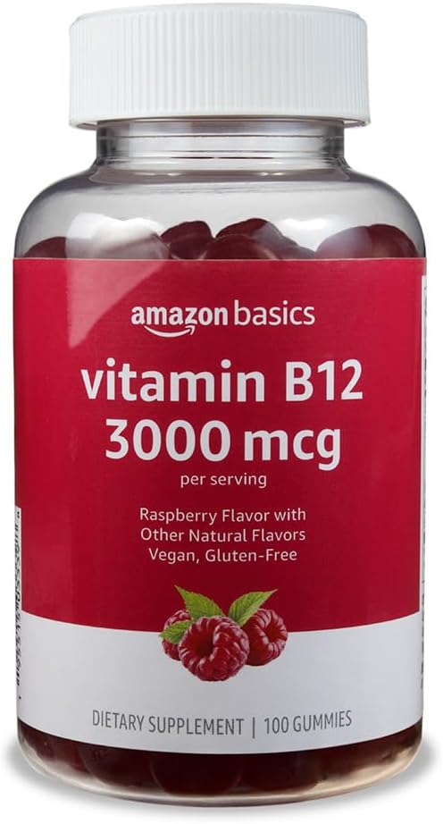 Bazele Vitaminei B12 3000 mcg Gummies, Producţia Normală de Energie şi Metabolism, Suportul Sistemului Imun, Raspberry, 100 Conte (2 pe servire) (previously Solimo)