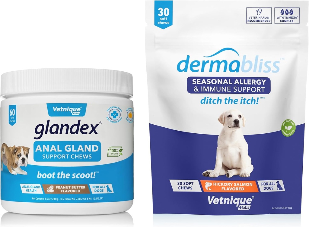 Vetnique Labs Dermabliss Alergia Chews 30 Ct și Glandex Anal Gland Suport Chews 60 Ct Bundle Dog Vitamine & Suplimente, Anal Gland Dog tratează cu probiotice, Alergii Dog Tratamentul pielii Soft Chew