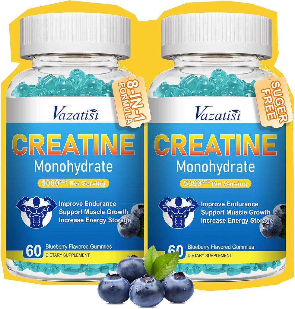 2 Pack Creatin Monohidrat Gummies pentru femei și bărbați, Sugar Free Vegan Creatine Supliment pentru construirea de muschi, Creșterea energiei și puterea, Aroma de afine, 120 Conte