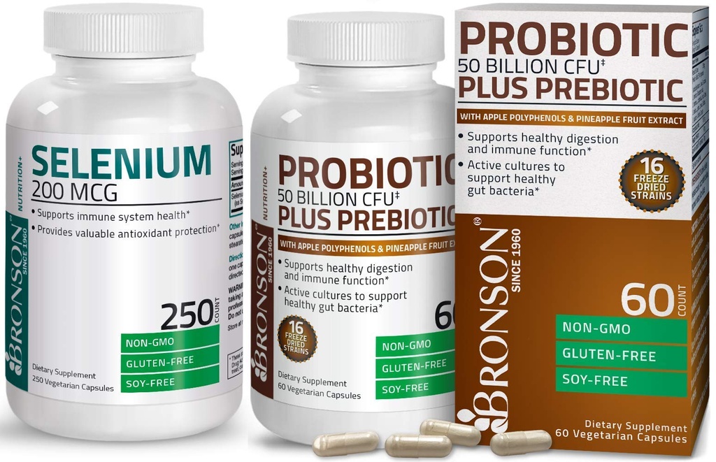 Probiotic Bronson 50 Miliarde CFU + Prebiotic cu polifenoli de mere și extract de fructe de ananas + Seleniu 200 Mg pentru sistemul imunitar, tiroidă, prostată și Heart Health