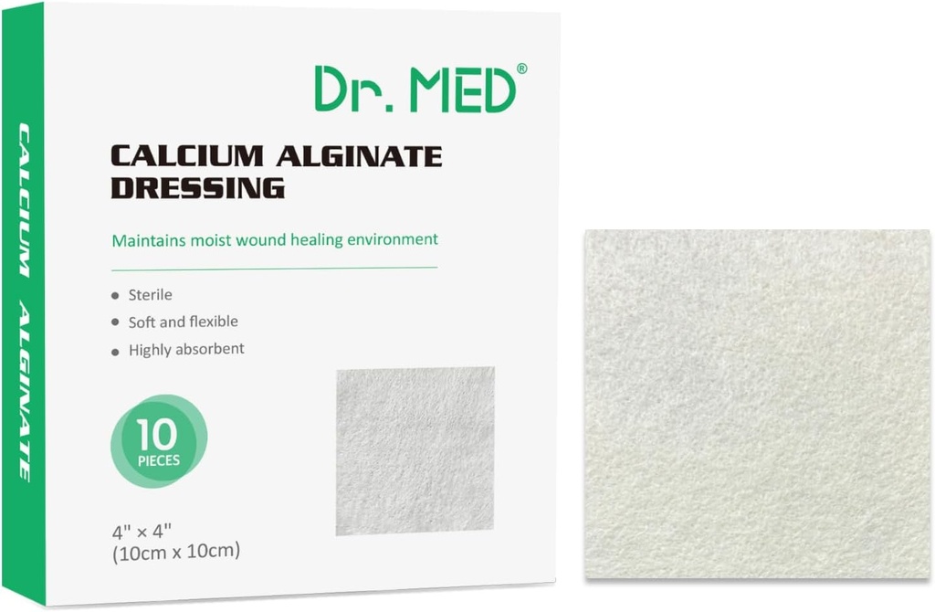 Dr. Med Alginate de calciu Wound Dressing 4"x4, 10 Pachet individual de înaltă absorbție Dressing Tiazur, Pad-uri non-Stick, Patch moale și confortabil pentru îngrijirea rănilor, Vindecarea mai rapidă