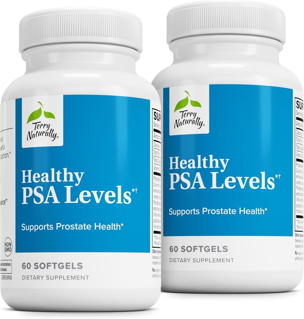 Terry Nivele de PSA naturale sănătoase - Supliment alimentar pentru suport sănătos de echilibru prostata si hormon - Suplimentul vegetal cu Curcumina, Ulei esential turmeric si extract de seminte de struguri - 60 Softgels