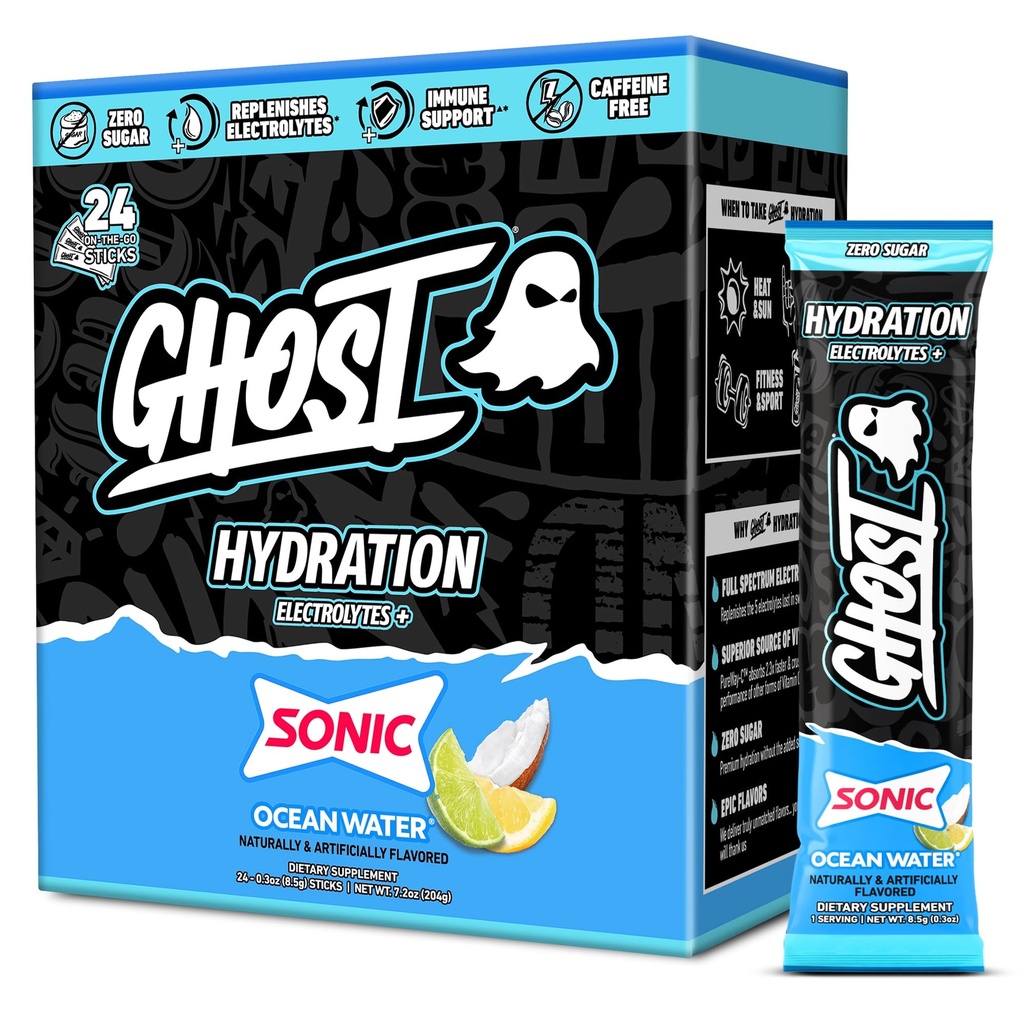 Pachete de hidratare GHOST, Sonic Ocean Water, 24 Sticks, Electrolyte pulbere - Drink Mix Supliment cu magneziu, potasiu, calciu, vitamina C - Vegan, fără soia, zahăr și gluten