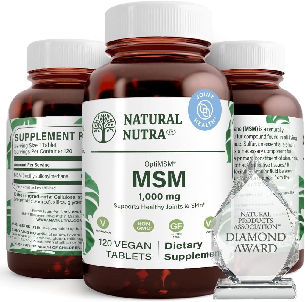 Natural Nutra OptiMSM, MSM Supliment cu sulfur, Preveniți Thinning Hair, Crește Flexibilitatea articulară și sănătatea osoasă, Cartilage Health, Ajuta la echilibrarea fluidelor, 1000 mg, (120) Tablete Vegan