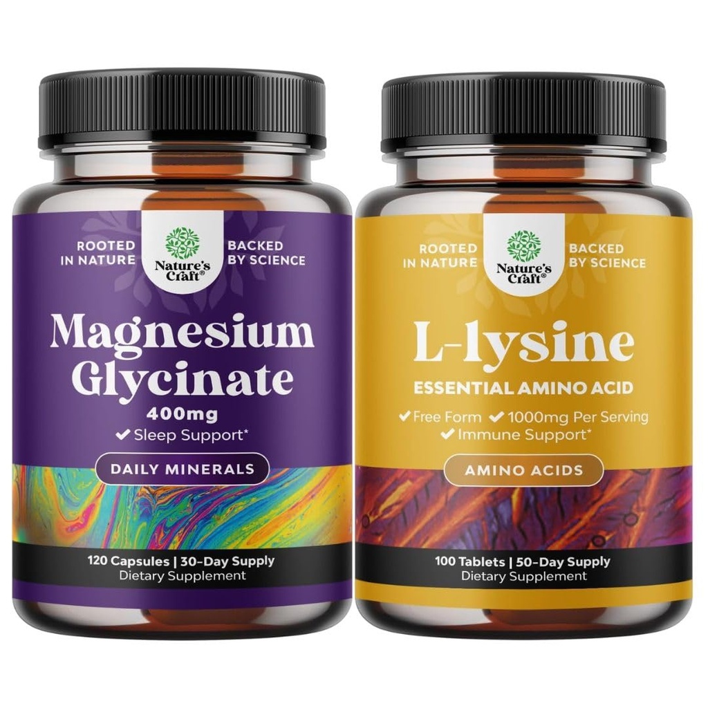 Bundle de magneziu Glycinate capsule pentru femei și bărbați pentru stare de spirit și relaxare și L-lisine aminoacizi esențiali pentru sănătatea ochilor de îngrijire a buzelor suport osos Sistemul imunitar de sprijin pentru creșterea musculară