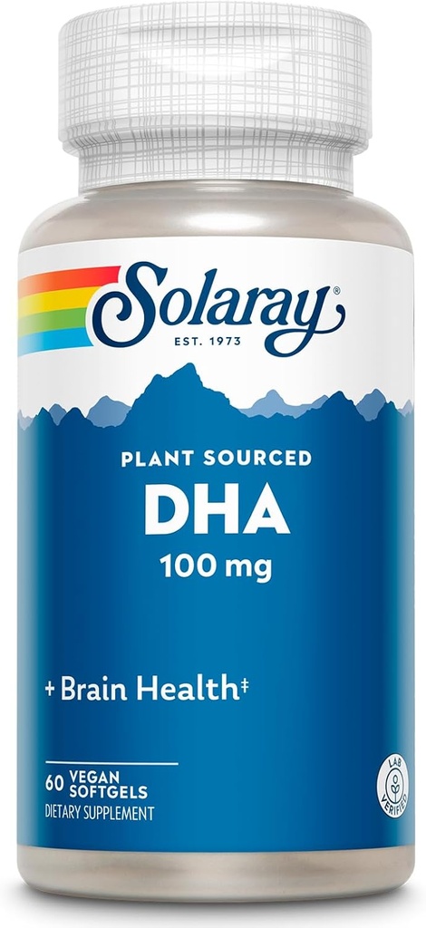 SOLARAY DHA Suplimente 100 mg - D H A Omega 3 Acidi grasi pentru suport Wellness, Prenatal DHA Omega 3 Supliment - Planta sursa de ulei Algae - 60-Day Guarantee, 60 Serviri, 60 Vegan Softgels
