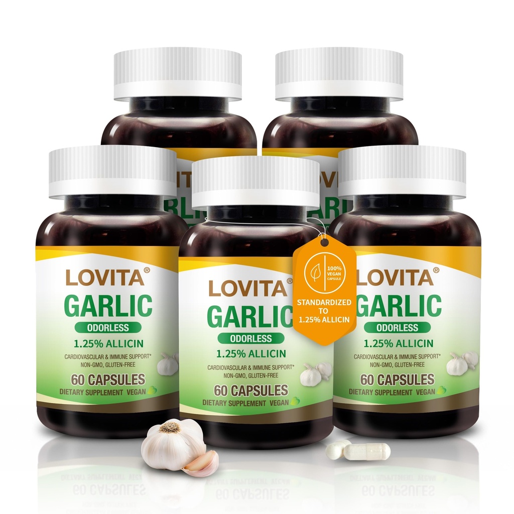 Lovita Odorless Usturoi Capsule, 5000 mg Fresh Usturoi Echivalent, 1,25% Allicin Extract, Suporturi Inima, Tensiunea arterială, Colesterol & Sistem Immune, Non-GMO, Gluten-Free, 300 Vegan capsule