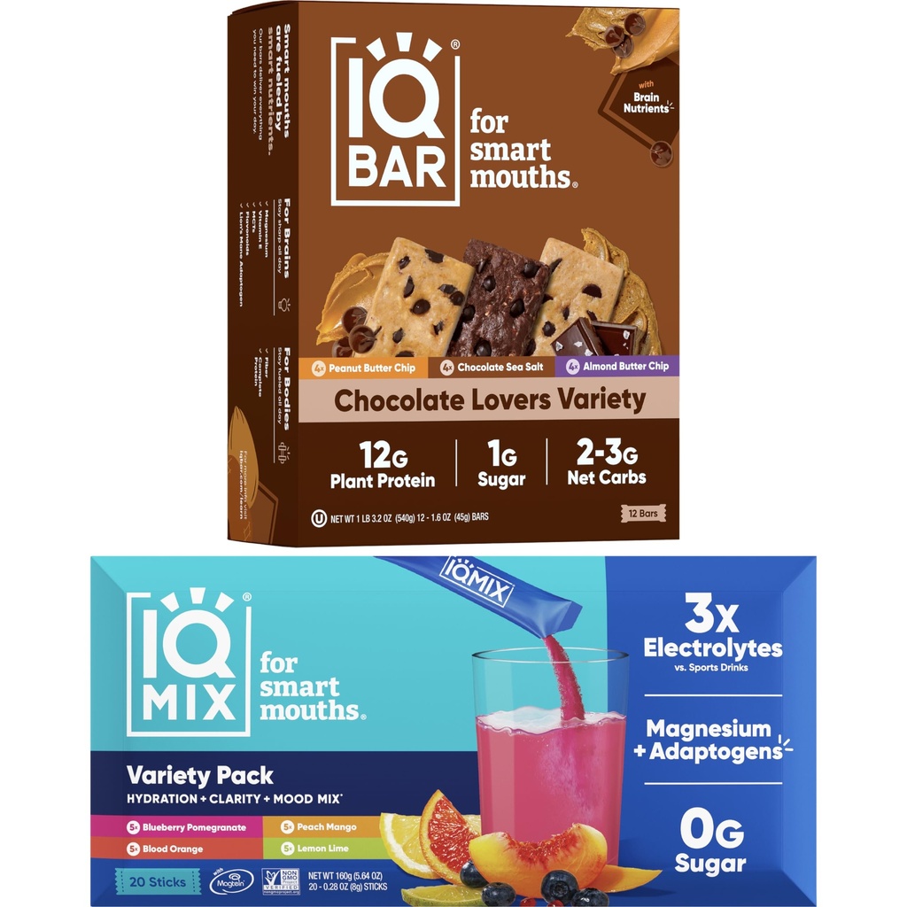 IQBAR Creier și Body Keto Proteine Baruri - 12 Conte Chocolate Lovers Variety Low Carb, Vegan Bars & IQMIX Sugar Free Electrolyte Praf Pachete - 20 Conte Variety Pack Keto Electrolytes cu Lions Mane