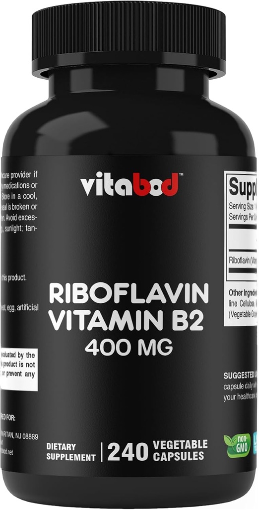 Vitamina B2 (Riboflavină) 400 mg 240 capsule vegetariene - Suport energie celulară și producția de celule roșii din sânge