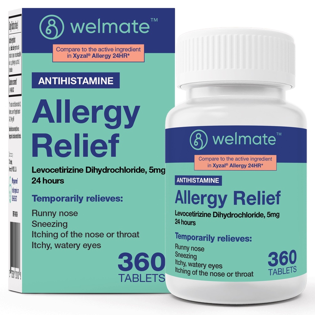 WELMATE - Levocetirizină Dihidroclorură 5mg (360 ct) - Medicină pentru alergii non-drowsy - 24 ore - Antihistaminice - Pastile pentru alergii generice - Medicamente pentru supra-contor