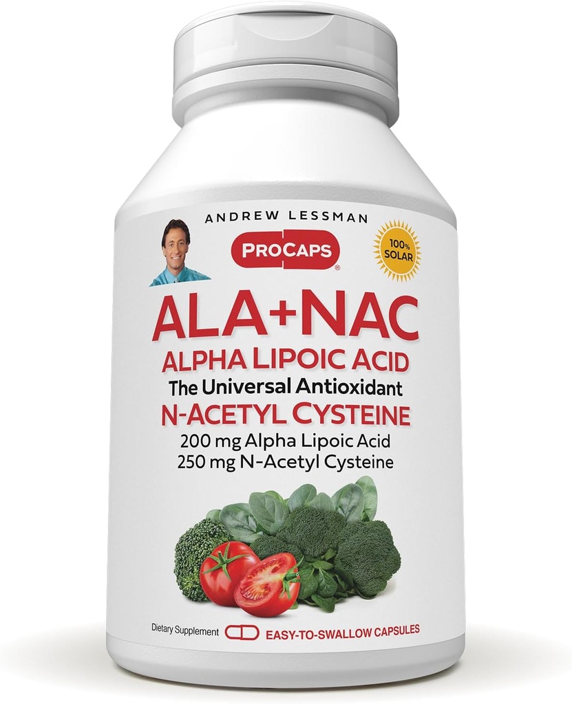 ANDREW LESSMAN ALA + NAC Alpha Acid lipoic cu N-Acetil-Cysteine 180 Capsule - Ultra-High Potency, Anti-Oxidant Suport pentru Sistemul Nervos, Inima, Creier, Ficat, Rinichi, Plămâni, Energie. Fără aditivi