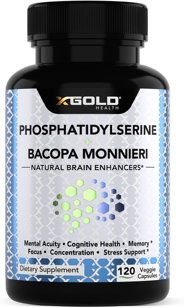 FosfatidilSerină & Bacopa Monnieri 800 mg 2 în 1 Supliment - Imbunatatire naturala a creierului/Nootropic pentru focalizare si concentrare sporita, suport de memorie, functie cognitiva - 120 Capsule vegetariene