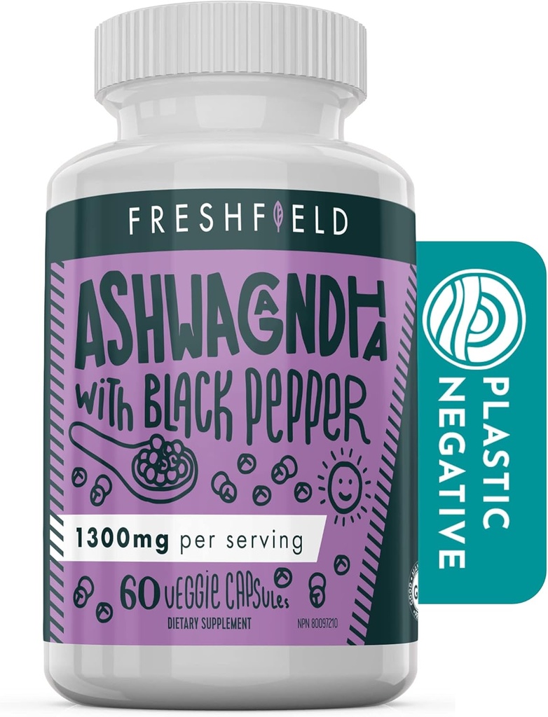 Freshfield Ashwagandha cu Black Pepper. Vegan supliment prietenos pentru suport de oboseală suprarenală, memorie musculară, tiroidă și puterea. Toate capsulele naturale de 1300 mg