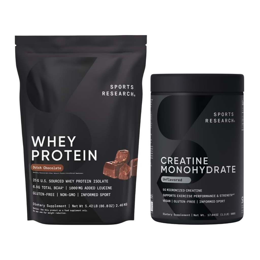 Sports Research® Creatine Monohidrat (1.1 LBS) şi proteine olandeze de ciocolată Whey (5.42 LBS), Duo dinamic pentru Lean Muscle Building, performanţă îmbunătăţită şi de recuperare a forţei şi antrenamentului