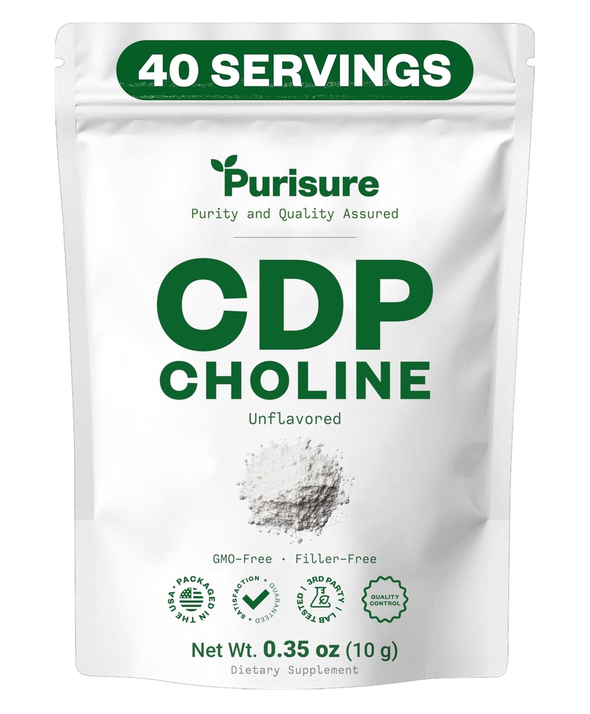Purisure CDP Choline Powder, 10g, CDP Choline Suplimente care susţin atenţie, focus, şi energie, Citicalină pulbere pentru funcţie cognitivă, creşte motivaţie şi productivitate, 40 Serviri